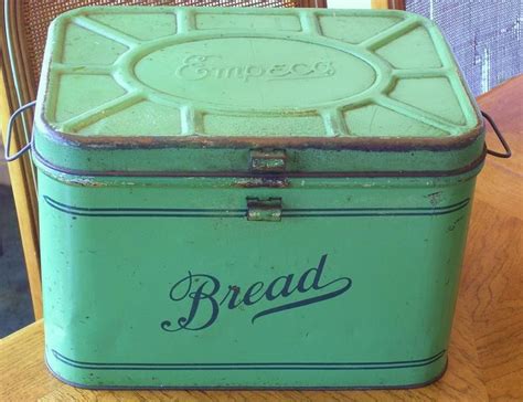 Vintage green medal bread box & canister set, old metal  